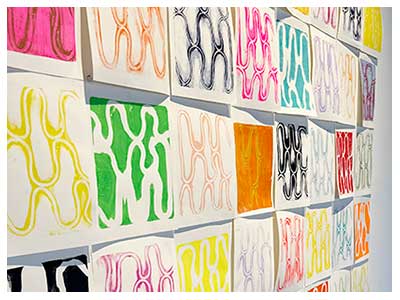  lisa solomon Tsuri /fishing/, 2024, Gelli monoprints on paper, 12 x 9 inches each 72 x 72 inches this configuration