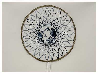  lisa solomon Amime Ramen Bowl, 2024, watercolor and embroidery on Yupo paper, 14 x 11 inches Shelf: 9 ½ x 9 ½ x 1 ¾ inches, bowl 3 ¾ x 7 D inches, remake- watercolor and ink on paper clay 1 ¼ x 2 D inches