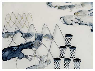  lisa solomon Amime Cups, 2024, watercolor and embroidery on Yupo paper, 6 x 6 inches, Shelf: 4 ½ x 15 x 1 inches, cups 3 x 3 D inches, remake – watercolor on paper clay, 1 x 1 D inches