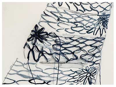  lisa solomon Amime Chopstick Rests, 2024, watercolor and embroidery on Yupo paper, 11 x 11 and  11 x 7 inches, Shelf: 9  ½ x 9  ½ x 1 ¾ inches, rests ¾ x ¾ x 2 inches, remake- ink on paper clay ¾ x ½ x 1 ¾