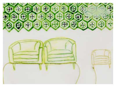 lisa solomon art - domestic scene - we are family green chairs under a japanese sky