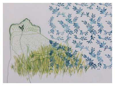 lisa solomon art - domestic scene - bed drawing : a green bed in green grass