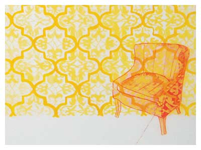lisa solomon art - domestic scene - chair drawing - orange chair past and present