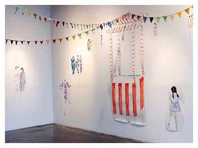 lisa solomon Obon Odori, 2019, Installation with various watercolor painted dancers, a Yagura, and bunting, Total size – 110 x 264 x 176 inches
