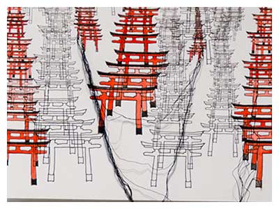 lisa solomon art - Fushini Inari 1,2,3, 2016,	watercolor and embroidery on letterpress prints, 12 x 12 inches each paper size
